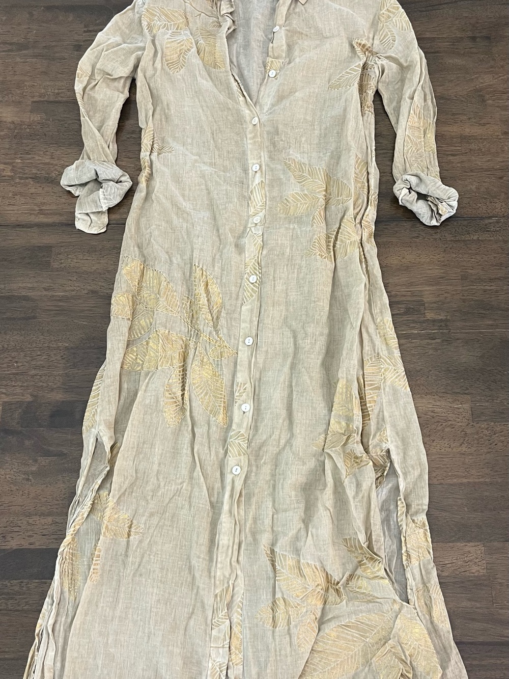 Debbie Katz Zilly Shirt Dress Taupe Cotton Resort wear Loose Fit Metallic Small - Picture 2 of 8